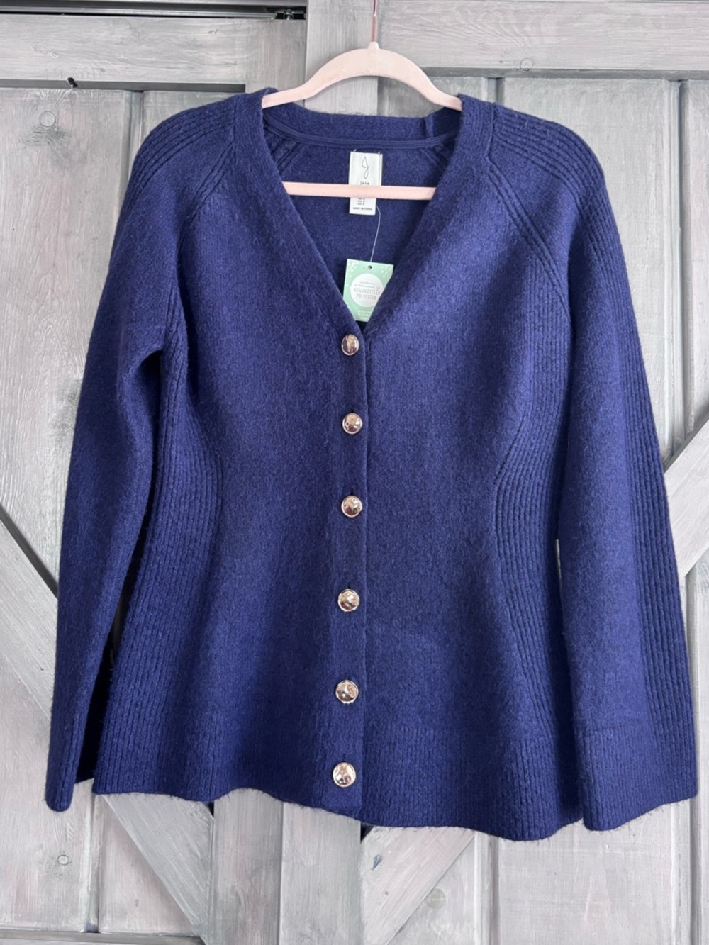 Anthropologie Joie Navy Soft Knit Cardigan Gold Buttons Ribbed Feminine Sweater - Picture 2 of 7